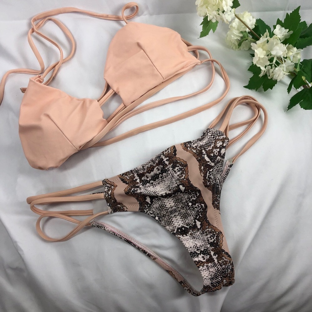 Blush Pink Snakeskin Strappy Cheeky Bottoms Bikini